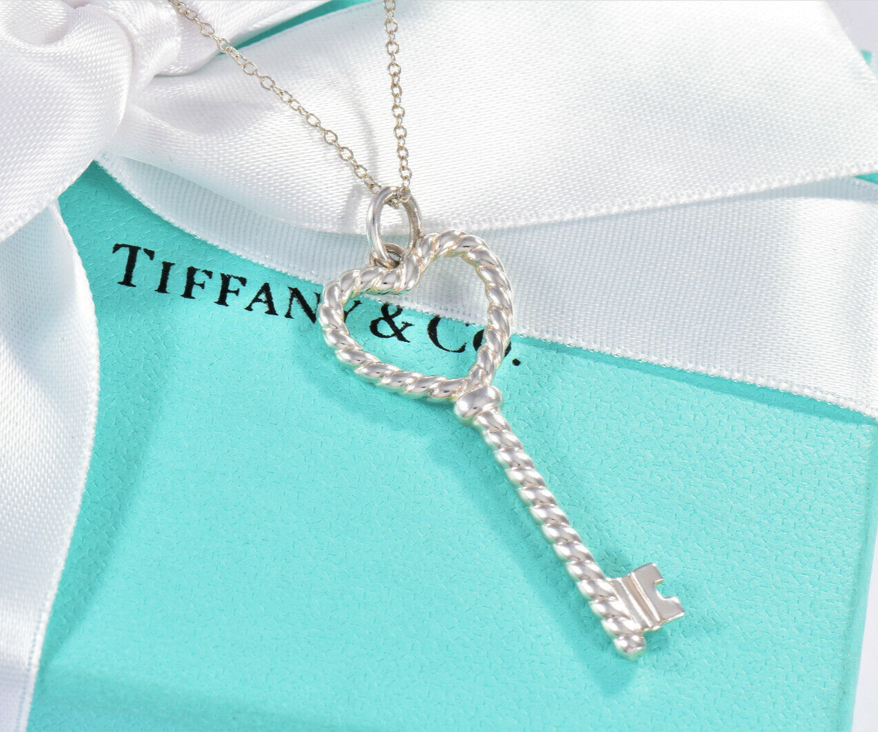 Tiffany & Co Silver Large 2" Heart Rope Twist Key Charm Pendant 16" Necklace Box