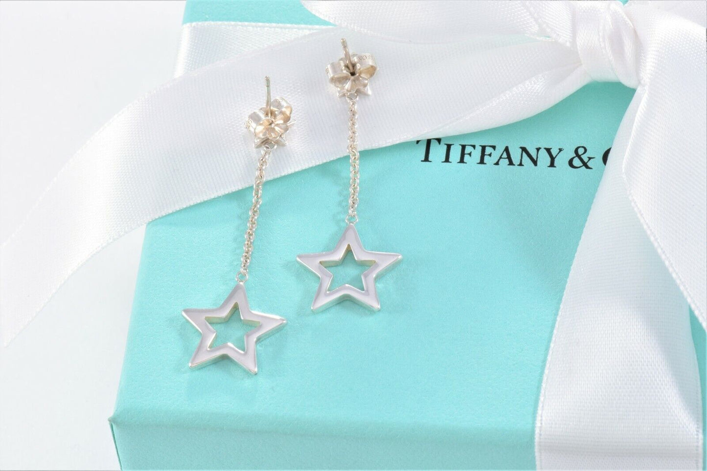 Tiffany & Co Sterling Silver Star Lariat Dangling Earrings in Box Pouch Rare