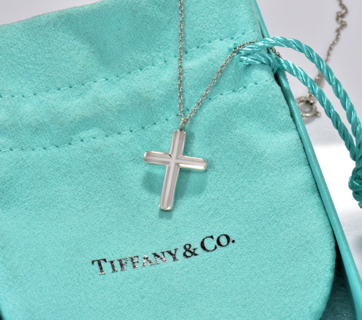 Tiffany & Co Silver 10mm Concave Cross Pendant 16.5" Chain Necklace in Box Pouch