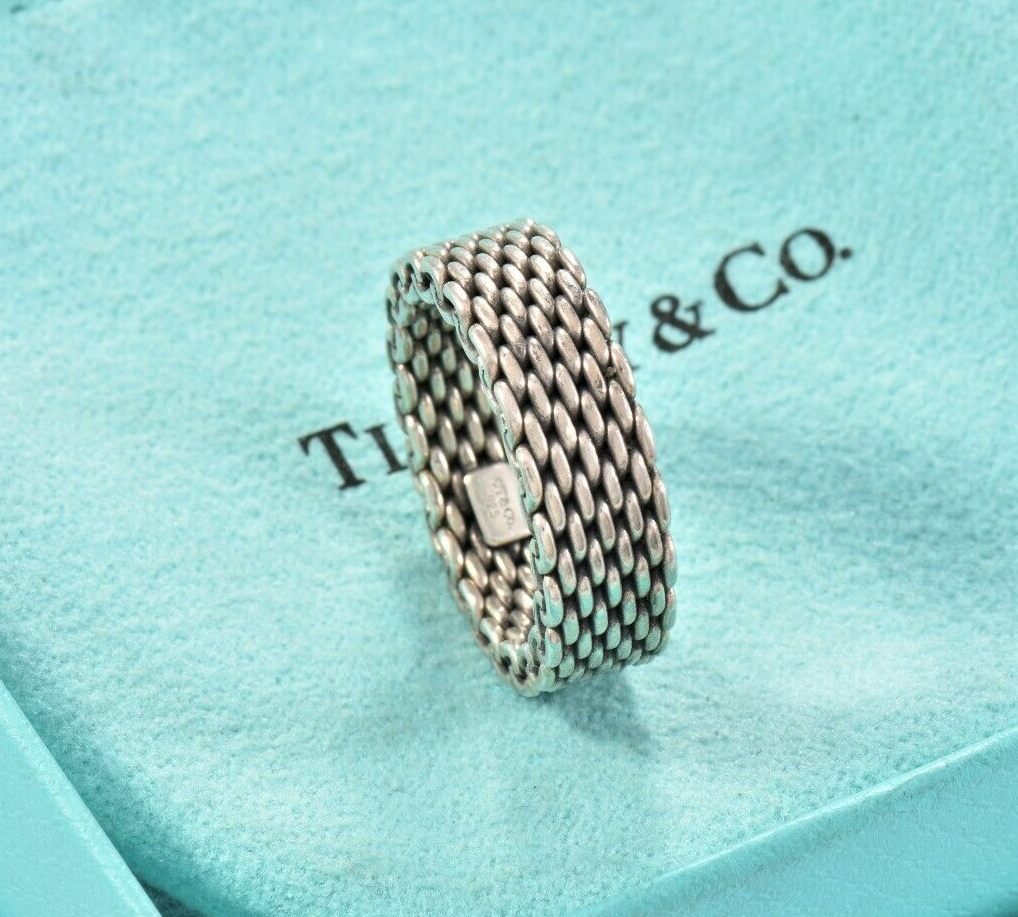 Tiffany & Co Somerset Sterling Silver Firm Mesh Ring Size 6.5 in Pouch Lovely