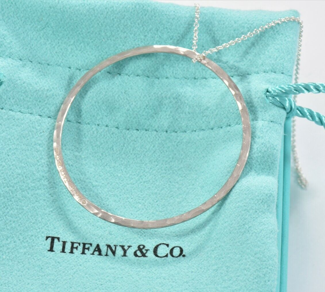 Tiffany & Co Silver Paloma Picasso Hammered Circle Ring Pendant Necklace & Pouch