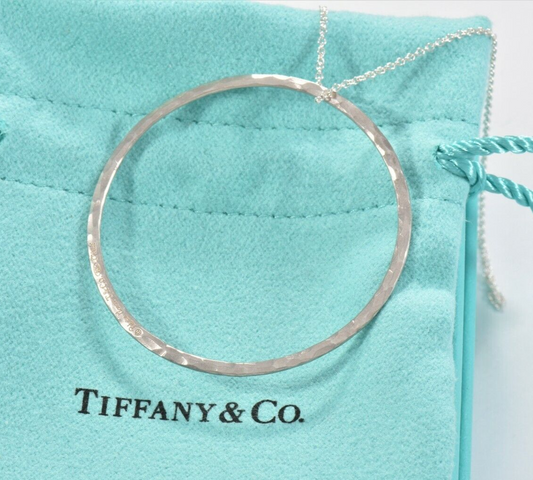 Tiffany & Co Silver Paloma Picasso Hammered Circle Ring Pendant Necklace & Pouch