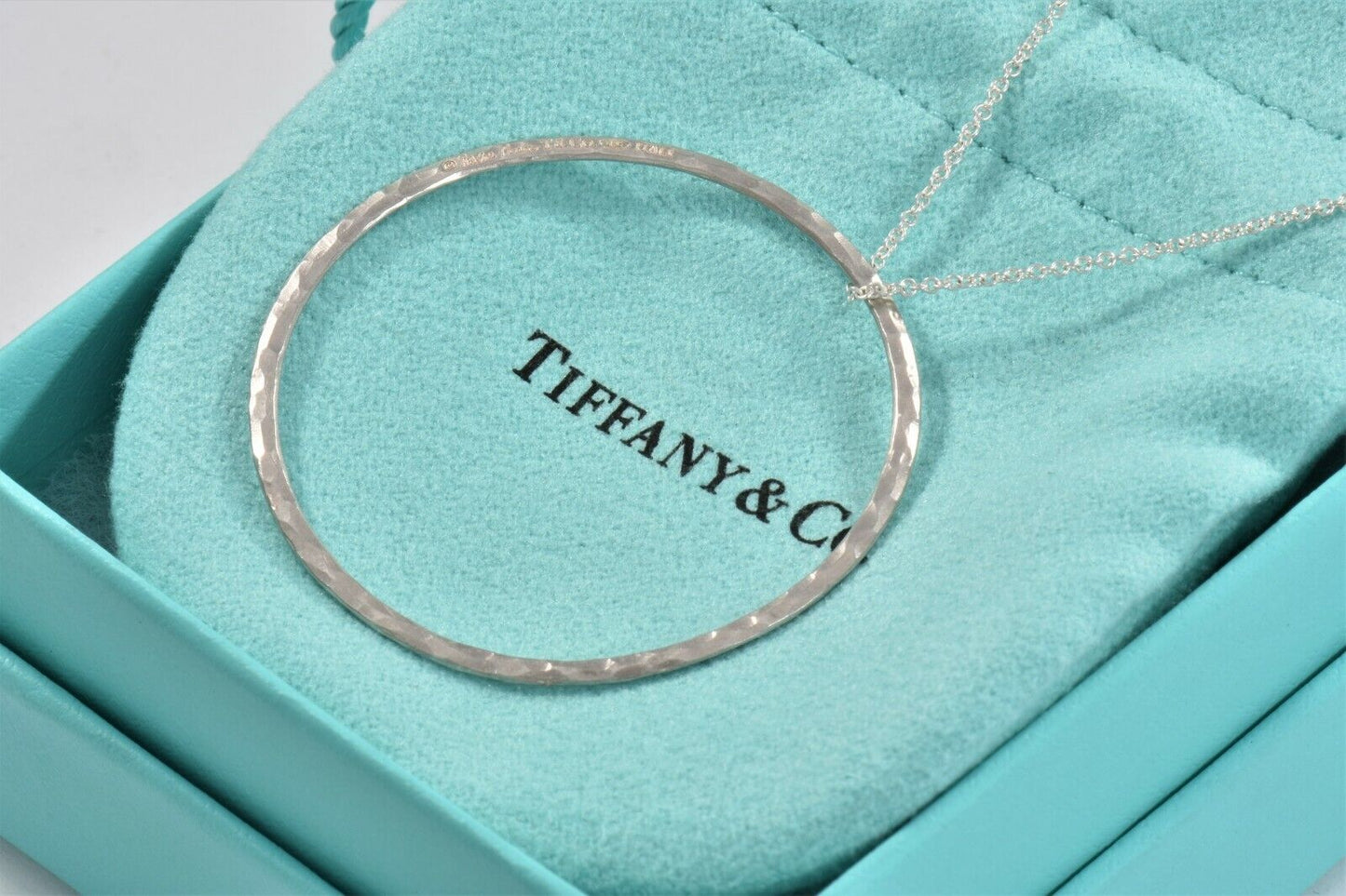 Tiffany & Co Silver Paloma Picasso Hammered Circle Ring Pendant Necklace & Pouch