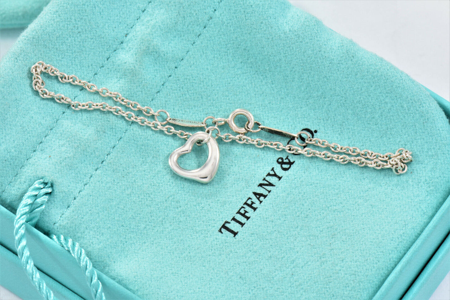 Tiffany & Co Sterling Silver Elsa Peretti Mini Open Heart 7.5" Bracelet in Pouch