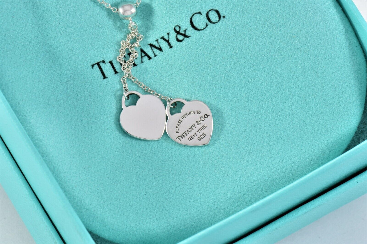 Please Return To Tiffany & Co Silver Double Heart Bead Dangle Pendant Necklace