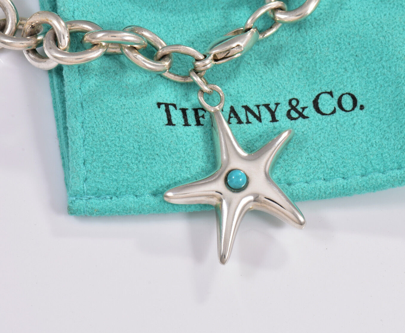 Tiffany & Co Sterling Silver Turquoise Starfish Charm 8" Chain Bracelet Pouch XL