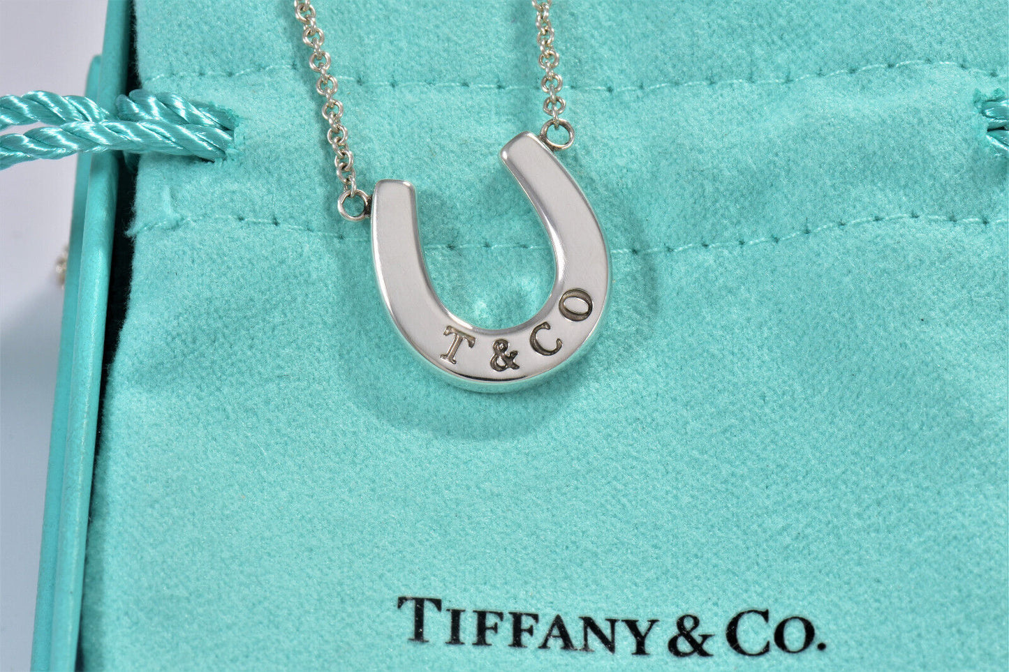 Tiffany & Co Sterling Silver Thick Horseshoe Pendant 16" Necklace in Box Pouch