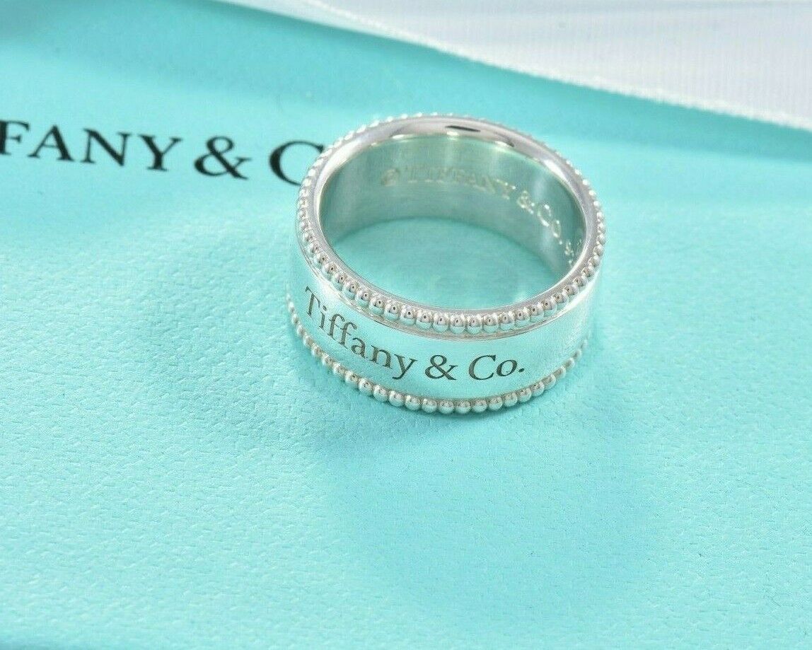 Tiffany & Co Sterling Silver Yours Bead Edge Band Ring Size 4.5 & Pouch Lovely