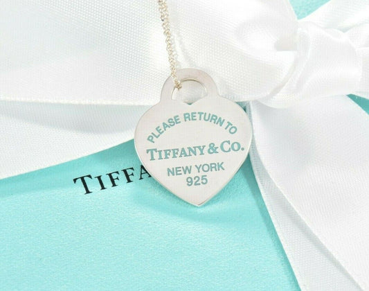 Please Return To Tiffany & Co Silver Heart Blue Enamel Letters 16" Necklace Rare