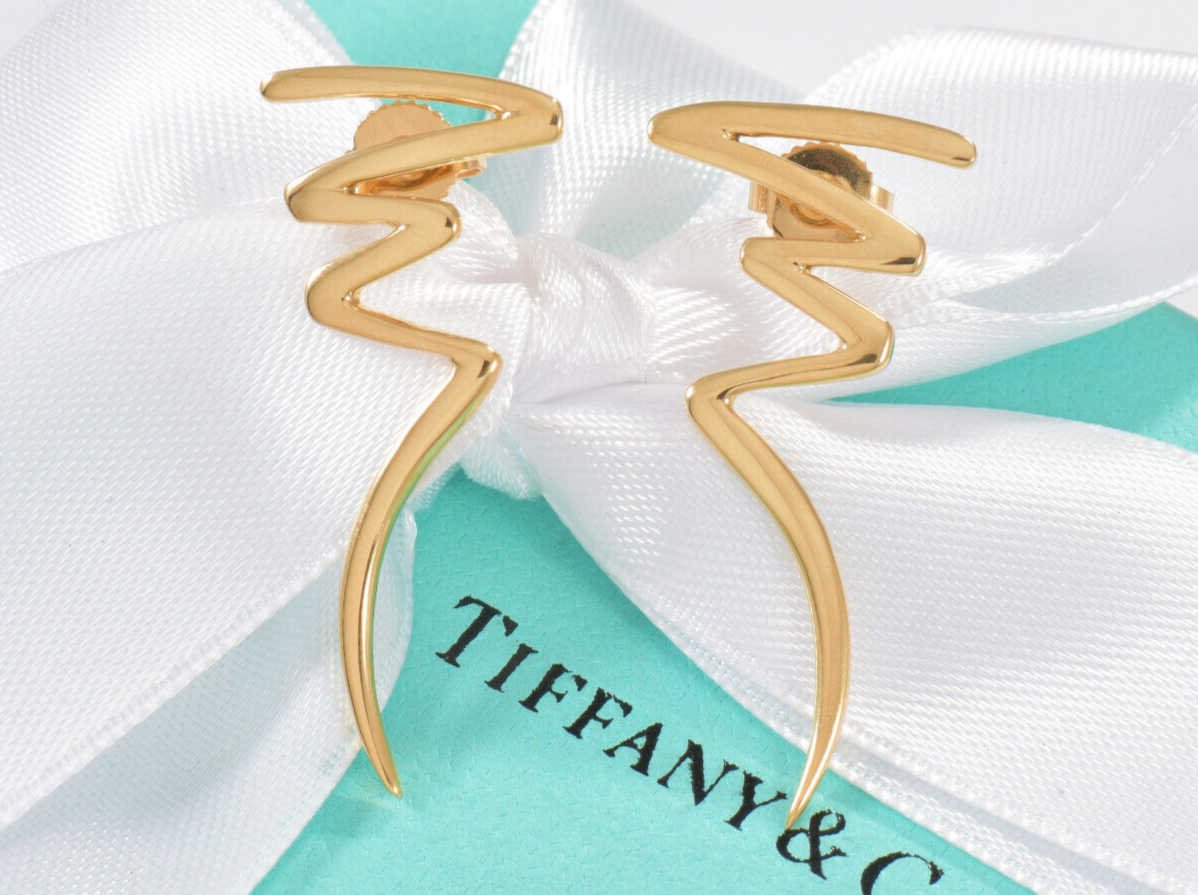 Vintage Tiffany & Co 18k Gold Paloma Picasso ZigZag Bolt Scribble Earrings Boxed