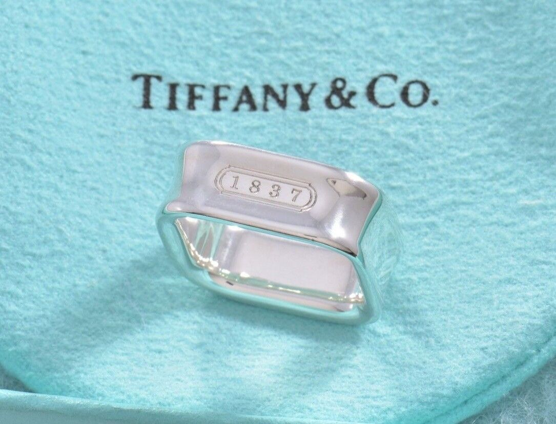 Tiffany & Co 1837 Sterling Silver Square Wide Band Ring Size 5 in Pouch Rare