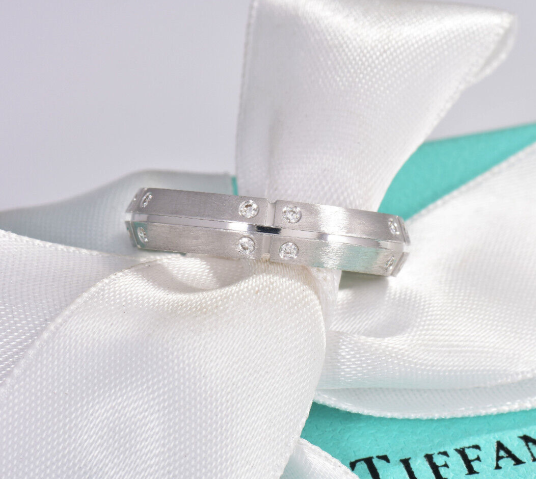 Tiffany & Co 18K White Gold Diamond Streamerica 5.5mm Wide Band Size 9.25 Ring