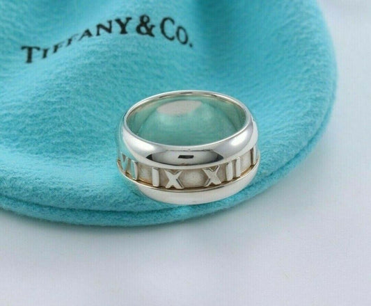 Vintage Tiffany & Co Silver 10mm Wide Atlas Roman Numerals Ring Size 6.5 & Pouch