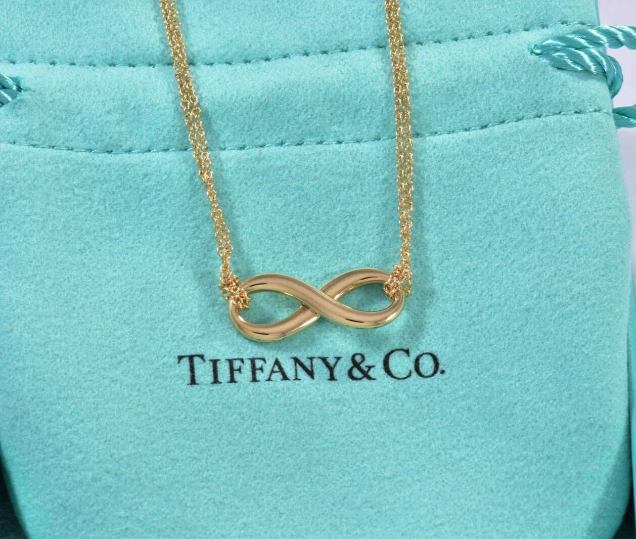 Tiffany & Co 18K Yellow Gold Infinity Pendant Double Chain Necklace in Box Pouch