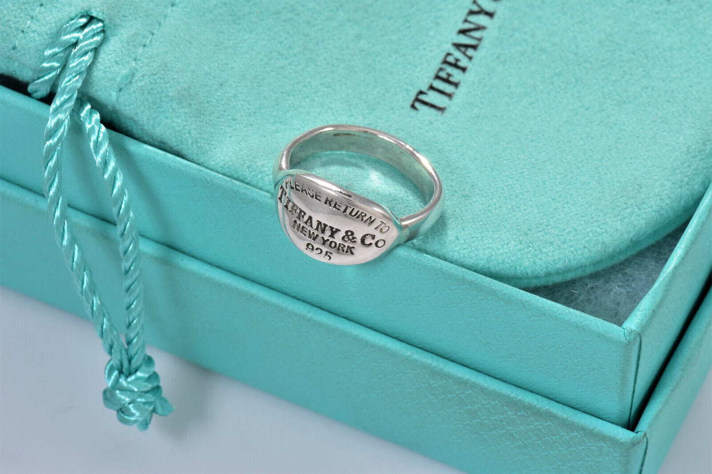 Please Return To Tiffany & Co Silver Oval Signet Band Ring Size 4.5 & Pouch Rare