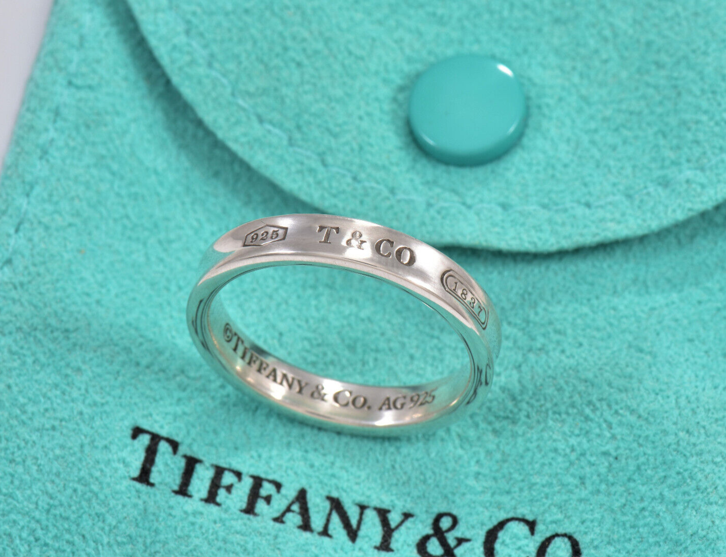 Tiffany & Co Silver 1837 Narrow Band Stack Ring Size 9.5 in Pouch Unisex Mens