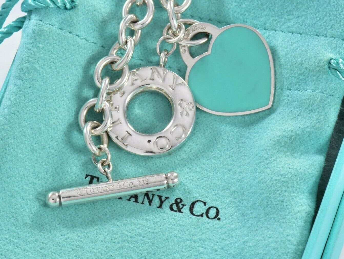 Please Return To Tiffany & Co Silver Blue Enamel Heart Toggle Chain Bracelet