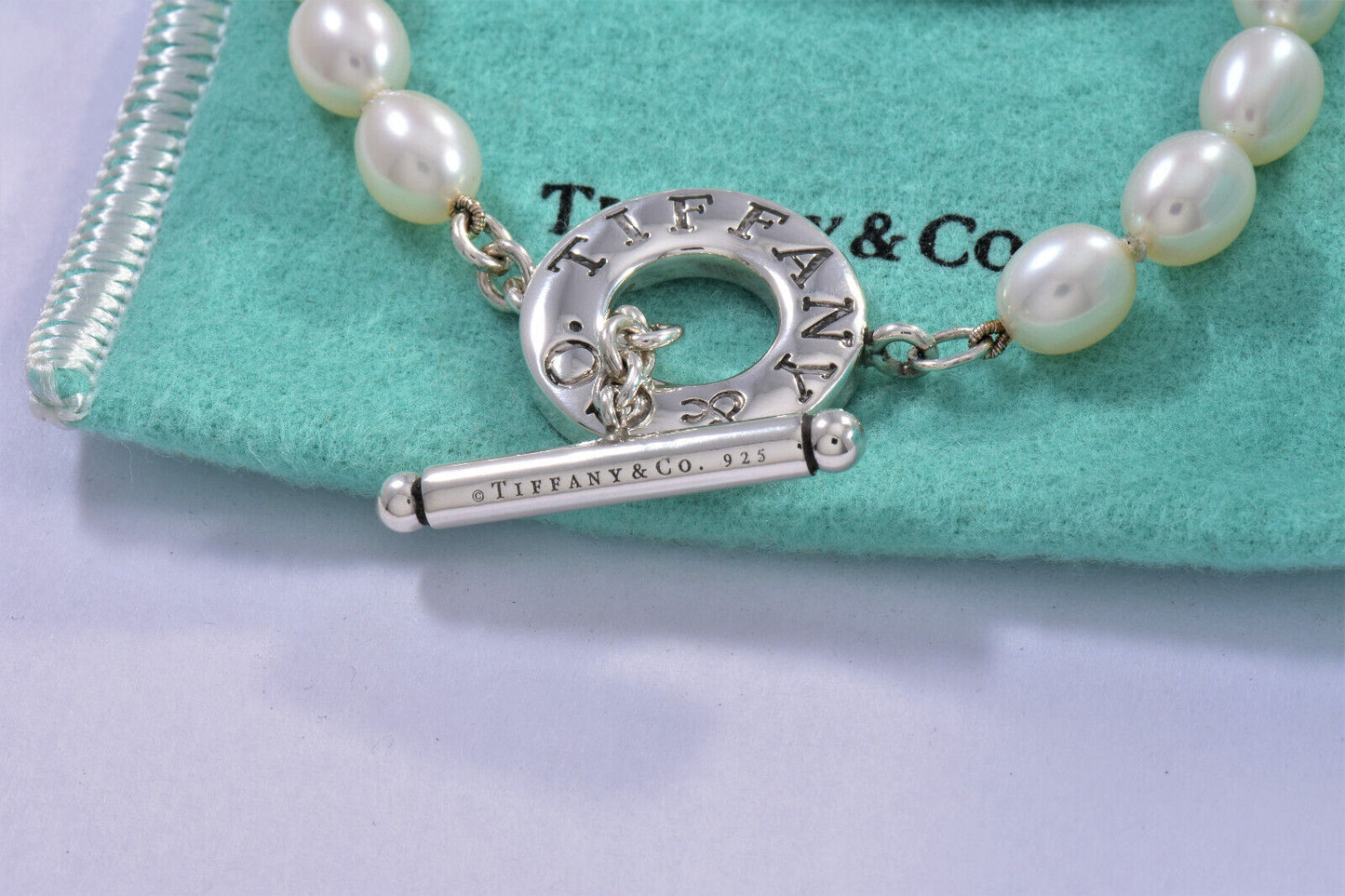 Tiffany & Co Silver Pearl 8mm Bead Toggle Bracelet 7.5" Large in Box Pouch Rare