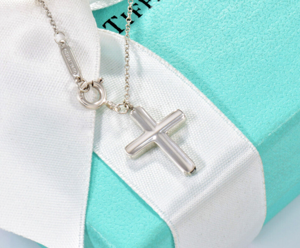 Tiffany & Co Silver 10mm Concave Cross Pendant 16.5" Chain Necklace in Box Pouch