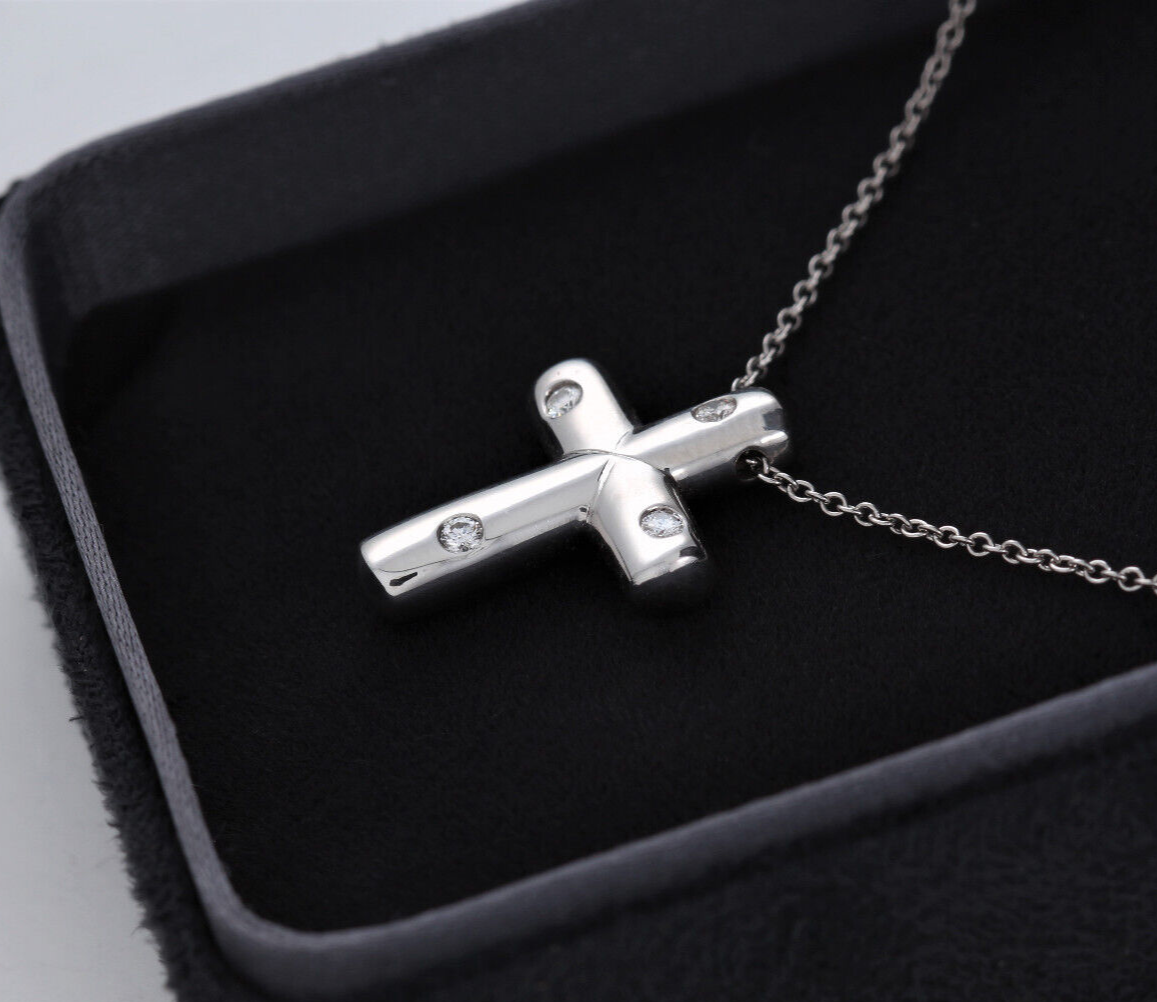 Tiffany & Co Diamond Platinum Etoile Cross Pendant 16.75" Necklace in Box Pouch