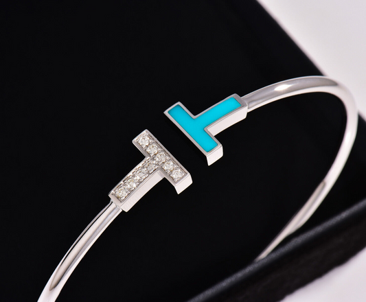 Tiffany & Co Diamond 18K White Gold Blue Turquoise T Wire Large Bracelet in Box