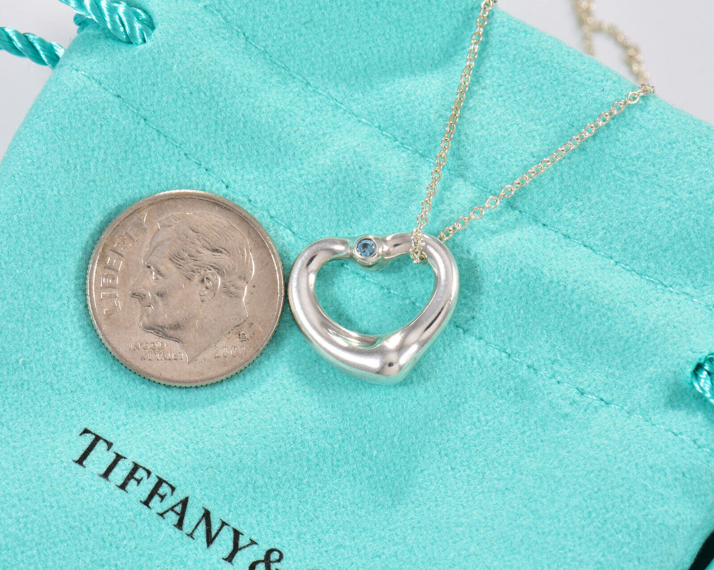 Tiffany & Co  Aquamarine Silver Elsa Peretti Open Heart 16" Necklace in Box Rare