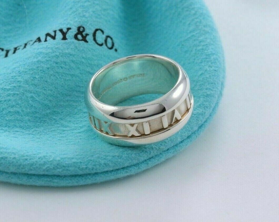 Vintage Tiffany & Co Silver 10mm Wide Atlas Roman Numerals Ring Size 6.5 & Pouch