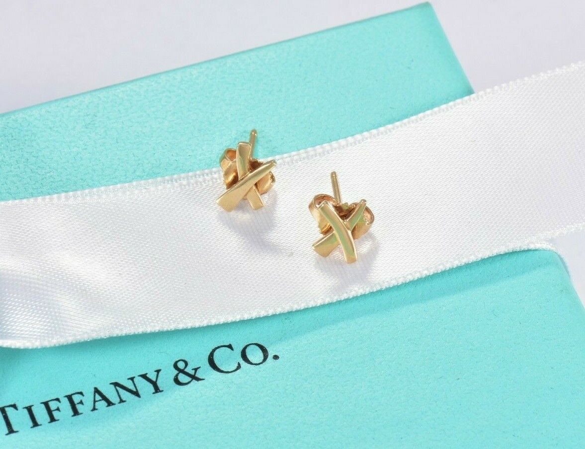 Tiffany & Co 18k Yellow Gold "X" Signature Stud 9mm Small Earrings and Box Pouch