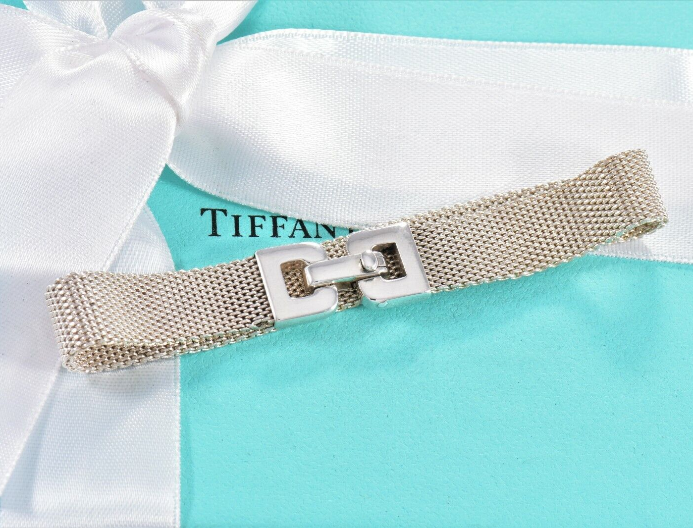 Tiffany & Co Sterling Silver Somerset Mesh Buckle 7" Bracelet & Pouch Rare Weave