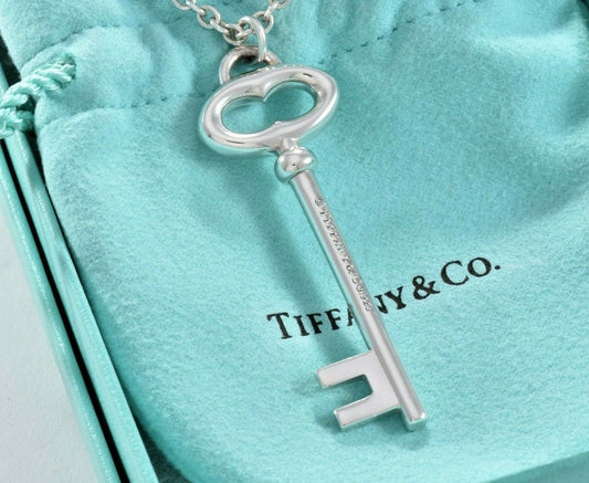 Tiffany & Co Silver Large 2" Oval Key Charm Pendant 16.25" Chain Necklace in Box