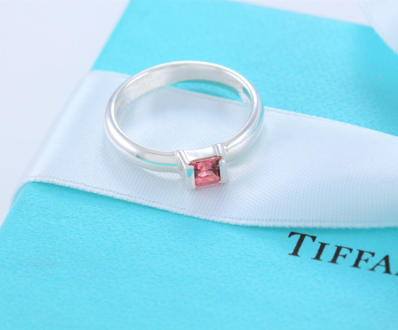 Tiffany & Co Sterling Silver Pink Tourmaline Square Stack Band Ring Size 8 Rare