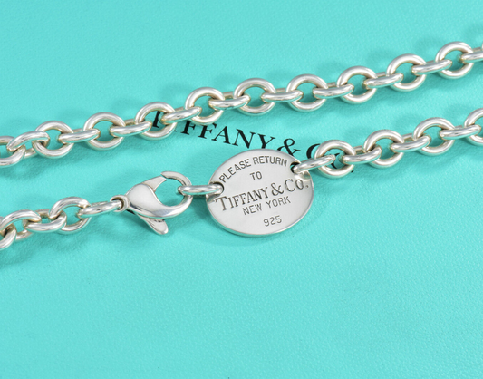 15.5” Please Return To Tiffany & Co Sterling Silver Oval Tag Choker Necklace