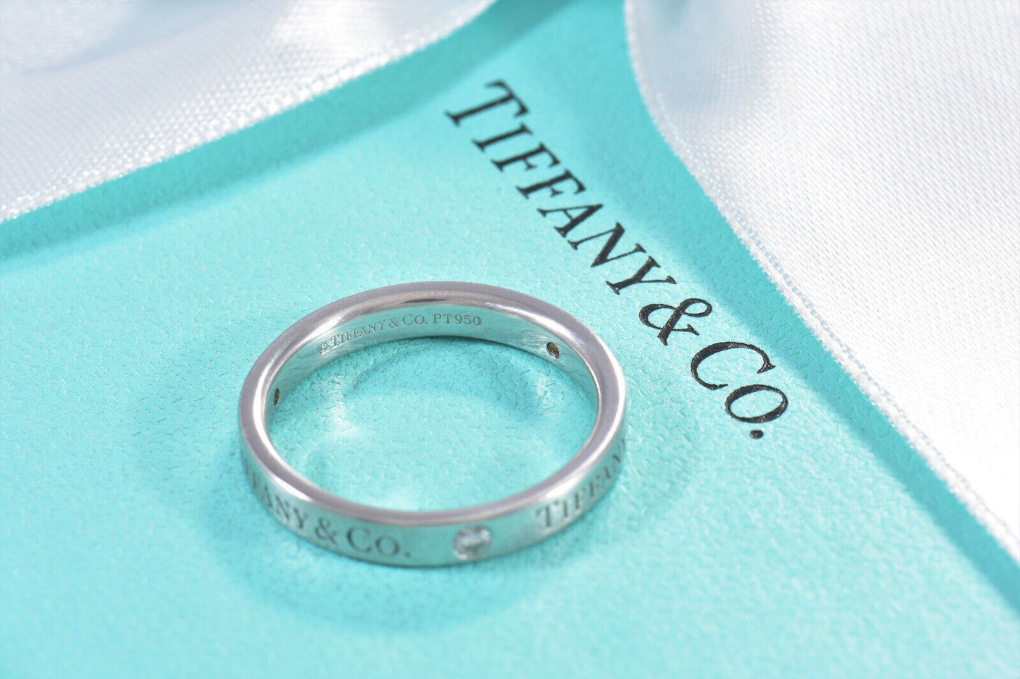 Tiffany & Co Platinum Three Diamond Band 3mm Ring Size 5.5 in Box Pouch Rare