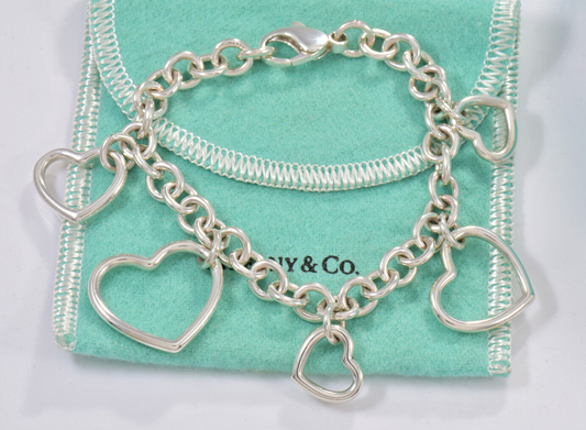 Tiffany & Co Silver Five Open Heart Multi Charm 7.5" Chain Bracelet Dangle 5