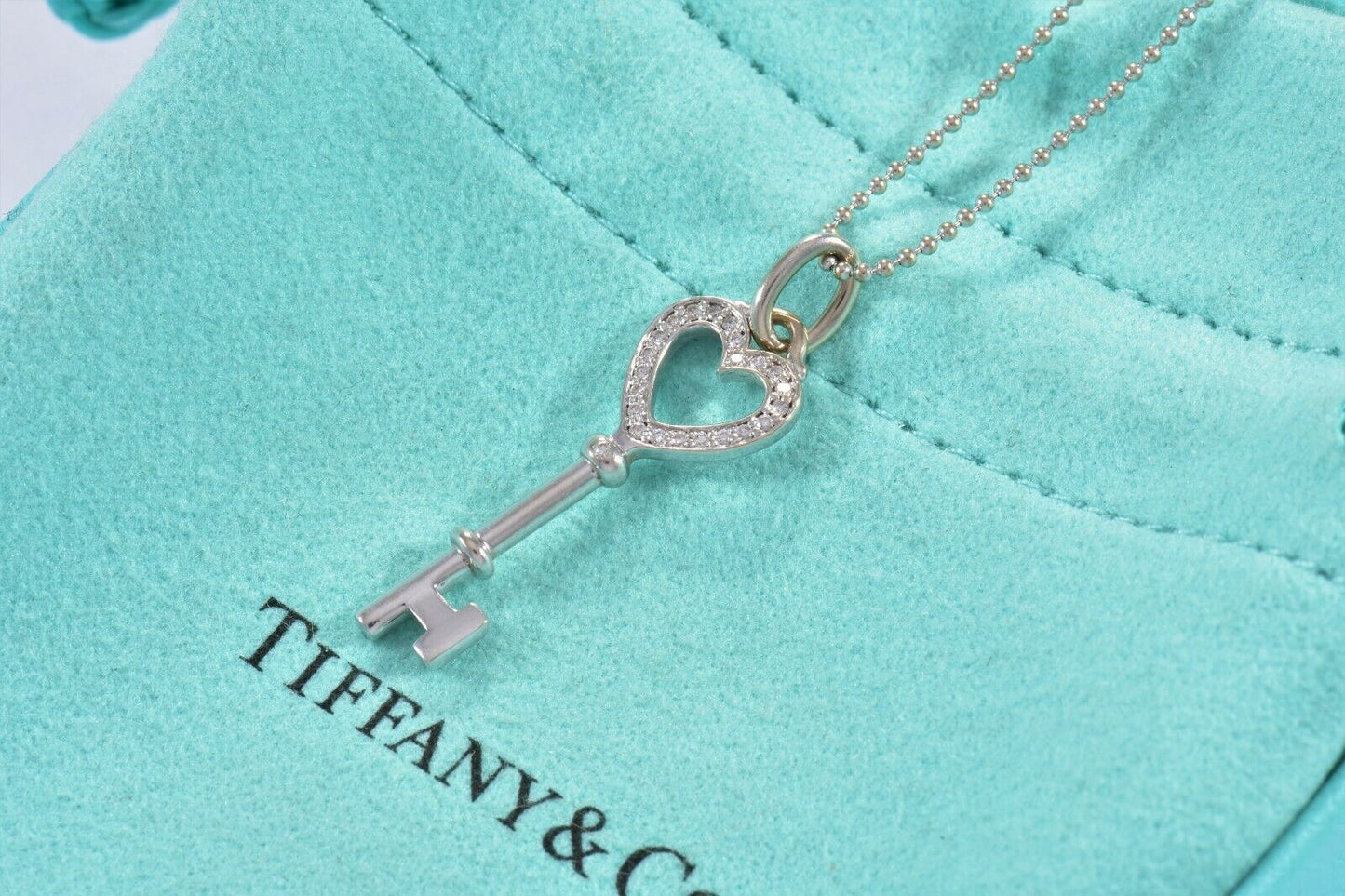 Tiffany & Co Diamond 18K White Gold Heart Key Pendant Bead Chain Necklace in Box