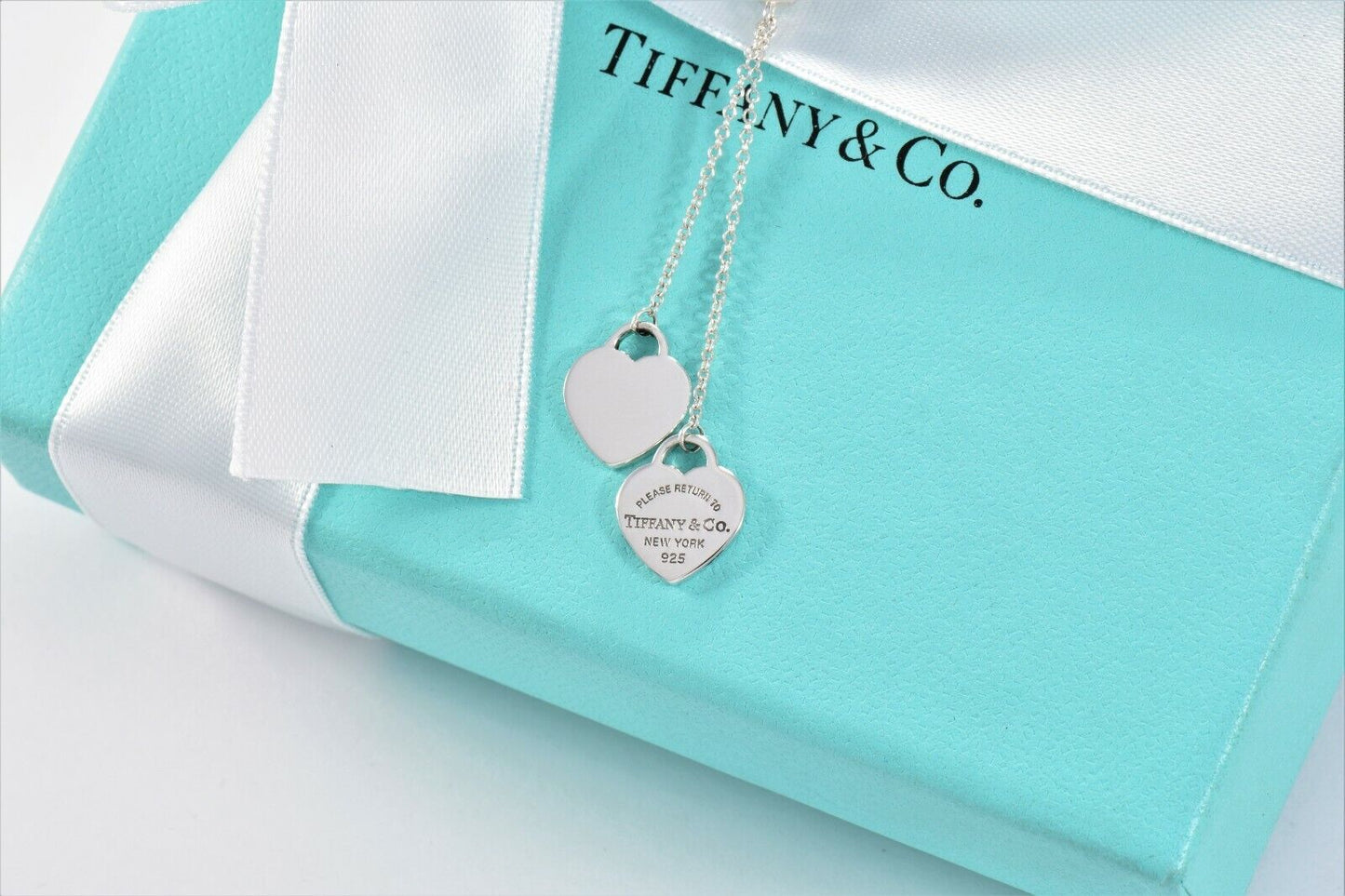 Please Return To Tiffany & Co Silver Double Heart Bead Dangle Pendant Necklace