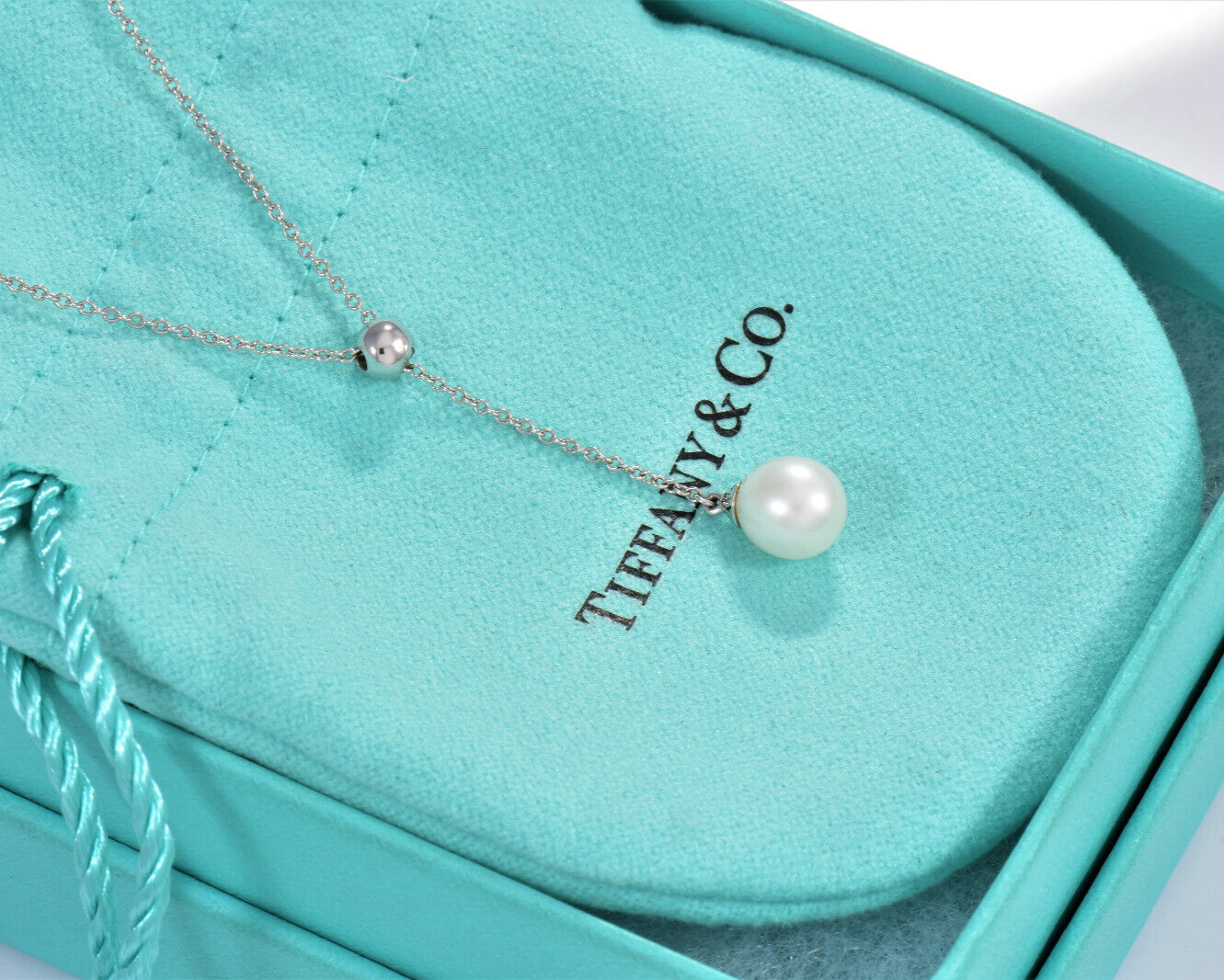 Tiffany & Co 18K White Gold Bead Pearl Drop Pendant Dangle Necklace in Box Pouch