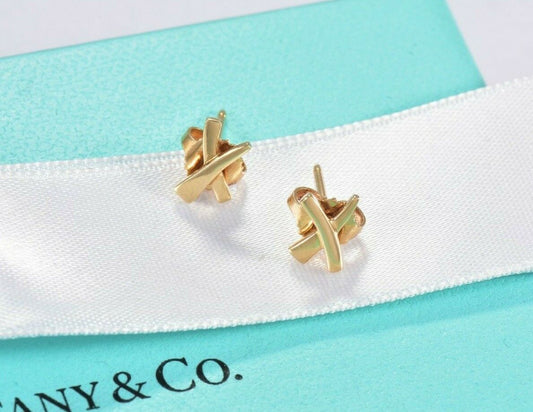 Tiffany & Co 18k Yellow Gold "X" Signature Stud 9mm Small Earrings and Box Pouch