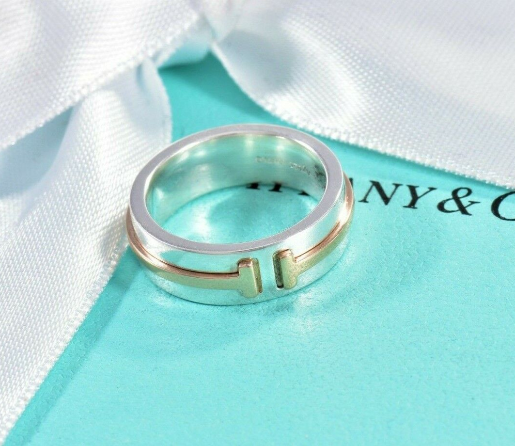 Tiffany & Co Silver 18k Rose Gold T Square 6mm Wide Band Ring Size 4 and Pouch