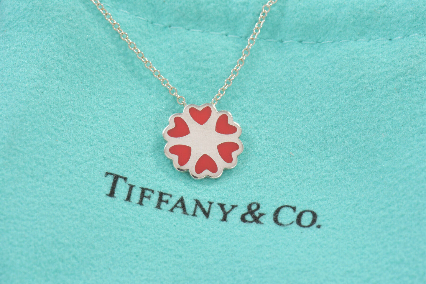 Tiffany & Co Silver Picasso Red Enamel Crown Hearts Pendant 16" Necklace Cluster