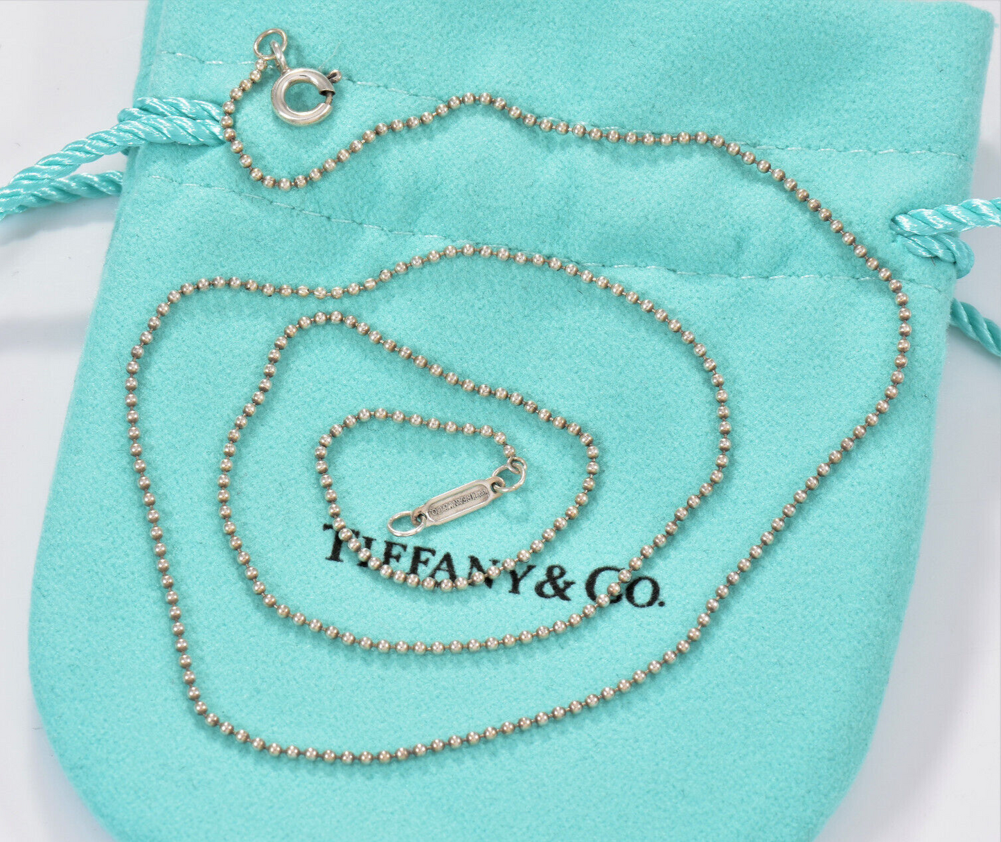 Tiffany & Co Sterling Silver 1mm Bead Chain 18" Chain Necklace For Pendant Pouch