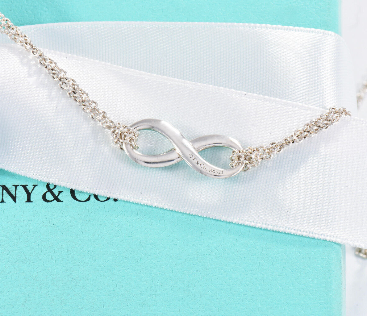 Tiffany & Co Silver Blue Enamel Infinity Pendant 18" Double Chain Necklace Boxed