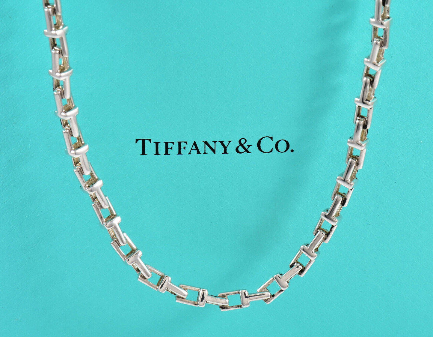 Tiffany & Co Silver Narrow Small T Square Link 20" Necklace in Box Pouch Rare