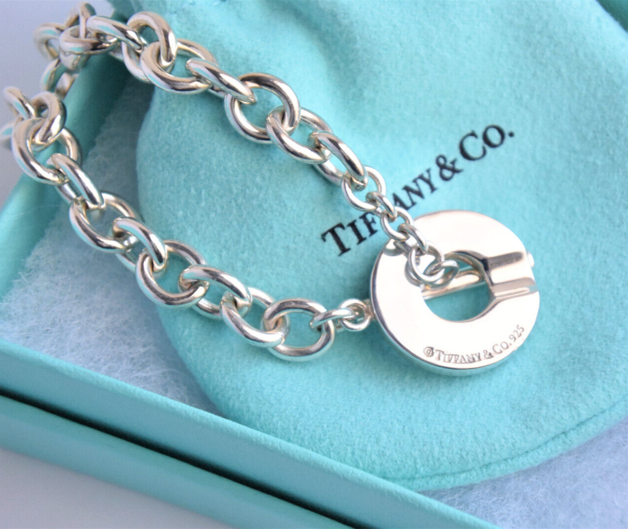 Tiffany & Co Sterling Silver 1837 Toggle Chain Link 7.5" Bracelet in Pouch Rare