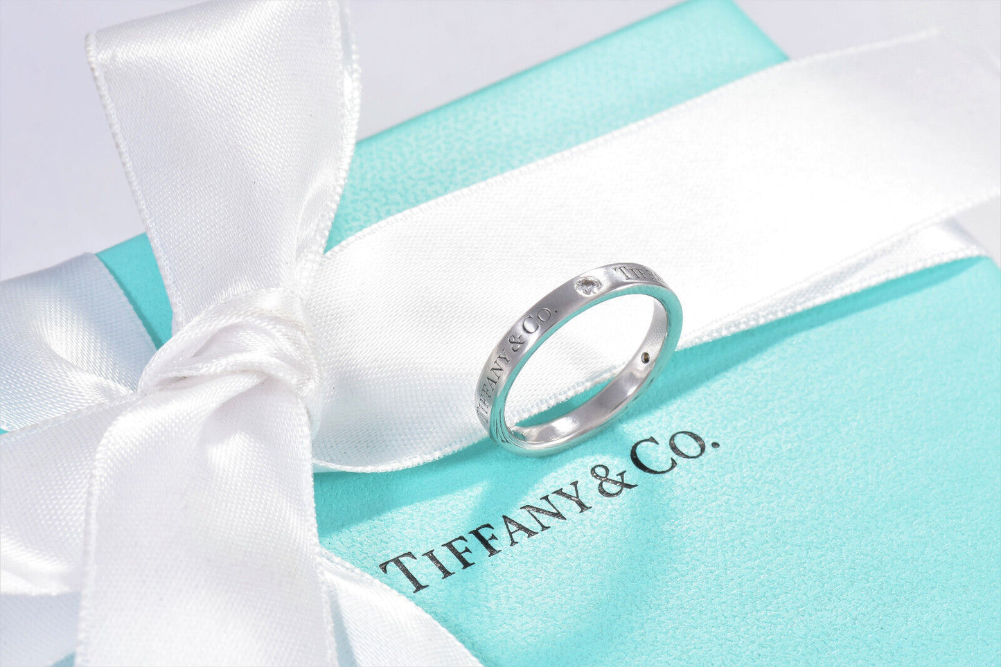 Tiffany & Co Platinum Three Diamond Band 3mm Ring Size 5.5 in Box Pouch Rare