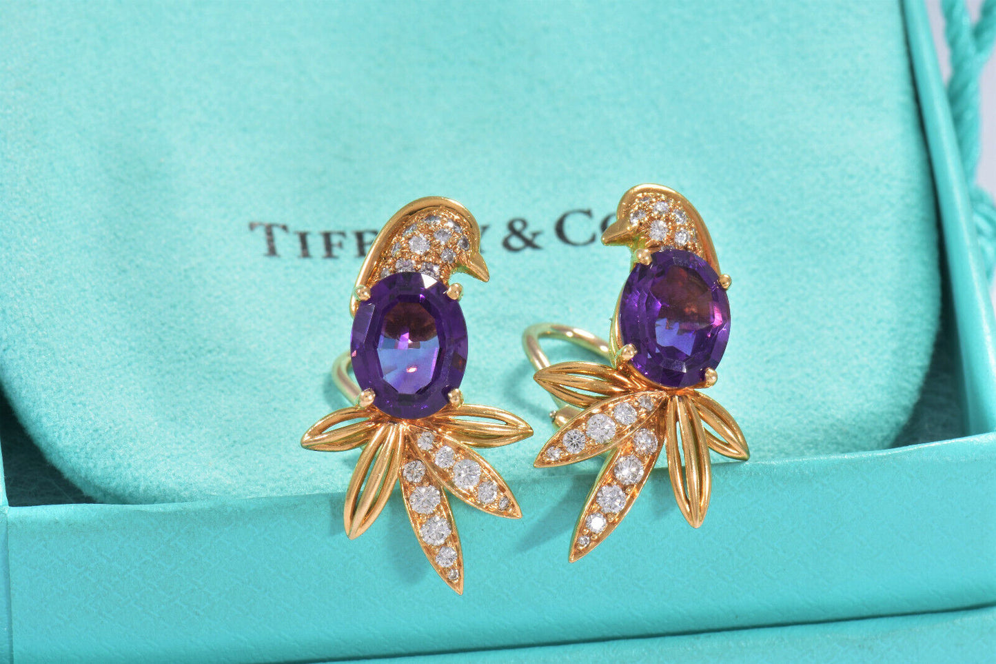 Tiffany & Co 18K Yellow Gold Birds of Paradise Diamond Amethyst Earrings Clip On