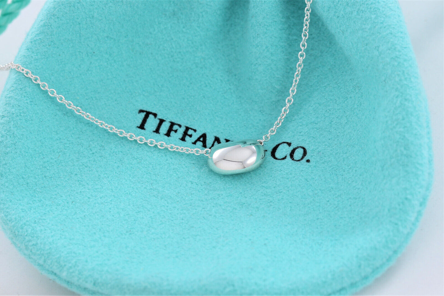 Tiffany & Co Silver Elsa Peretti 9mm Bean Pendant 16" Necklace in Pouch