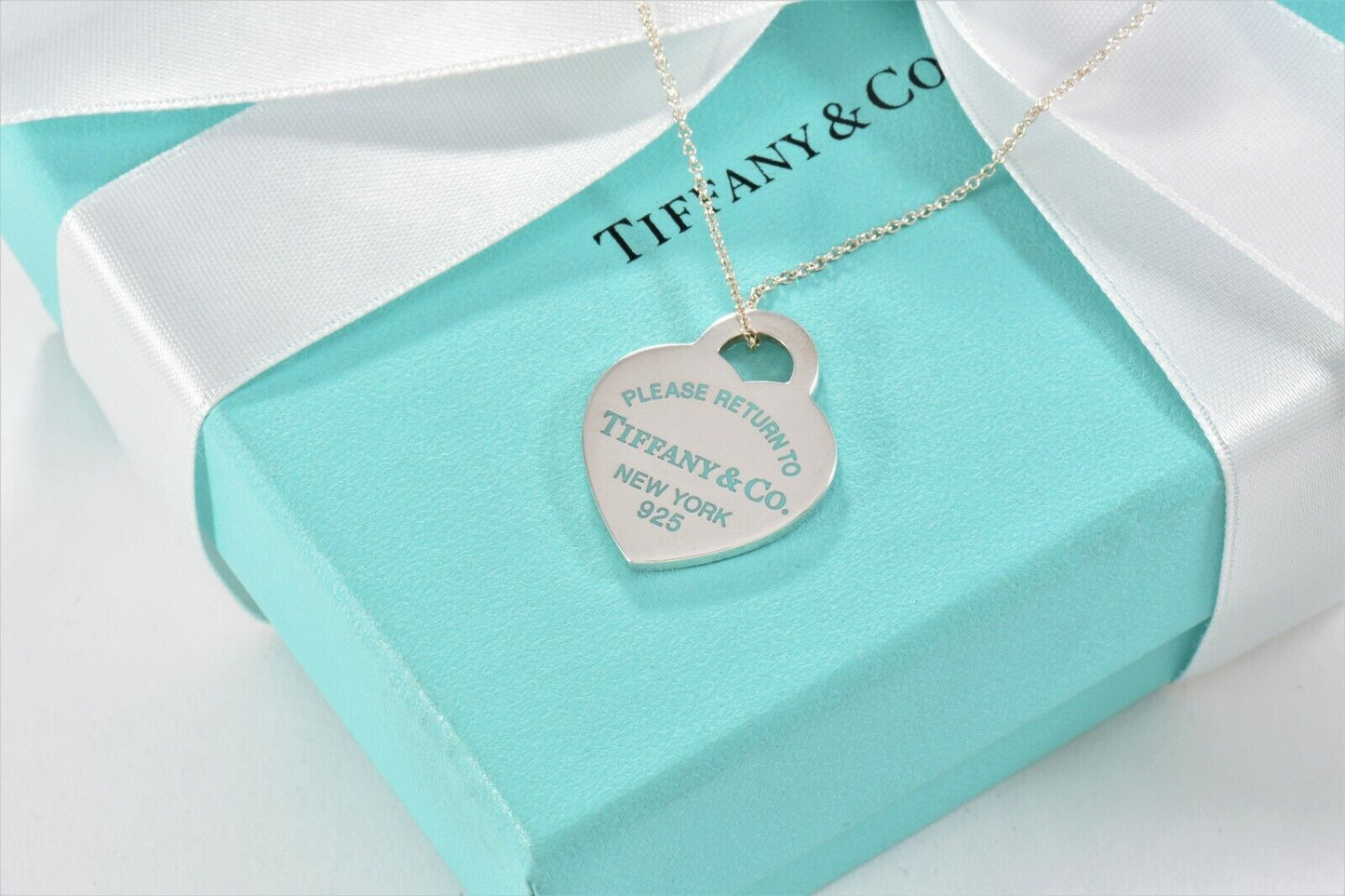 Please Return To Tiffany & Co Silver Heart Blue Enamel Letters 16" Necklace Rare