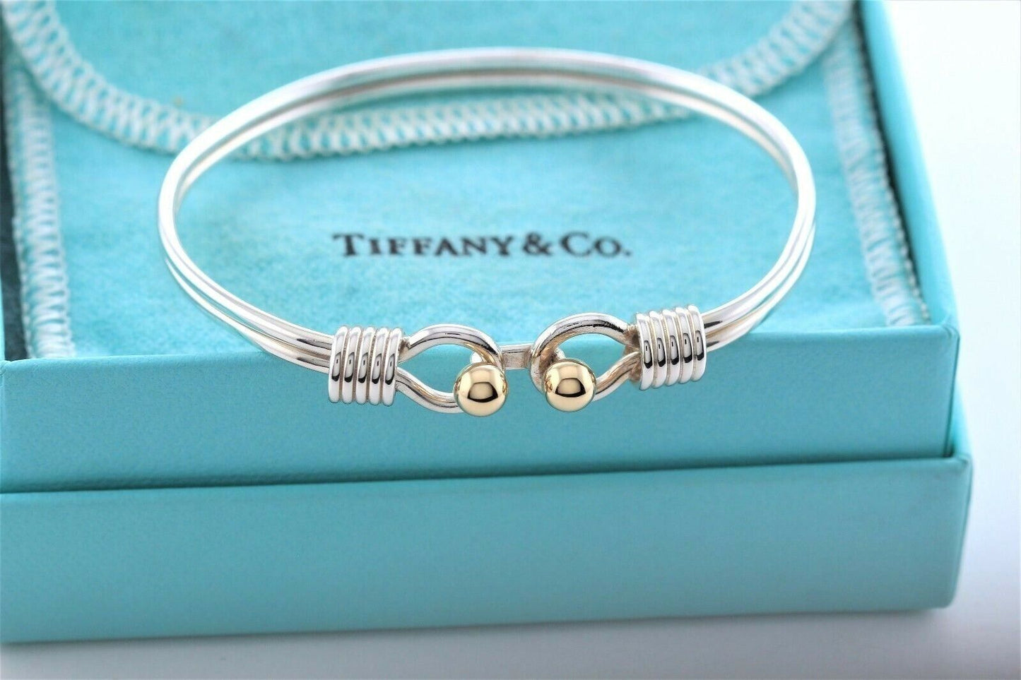 Vintage Tiffany & Co Silver 18K Gold Ball Coil Hook Bangle 6.6" Bracelet Cuff