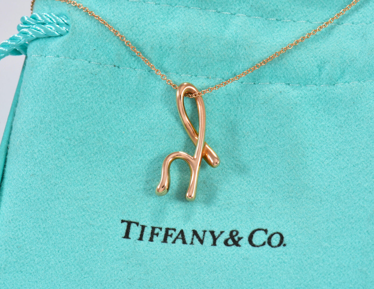 Tiffany & Co 18K Rose Gold Elsa Peretti Letter H Pendant 16.25" Necklace in Box